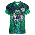 New Zealand Warriors Rugby Women V-Neck T-Shirt Polynesian Tribal Warrior Mask Green Blue Pattern