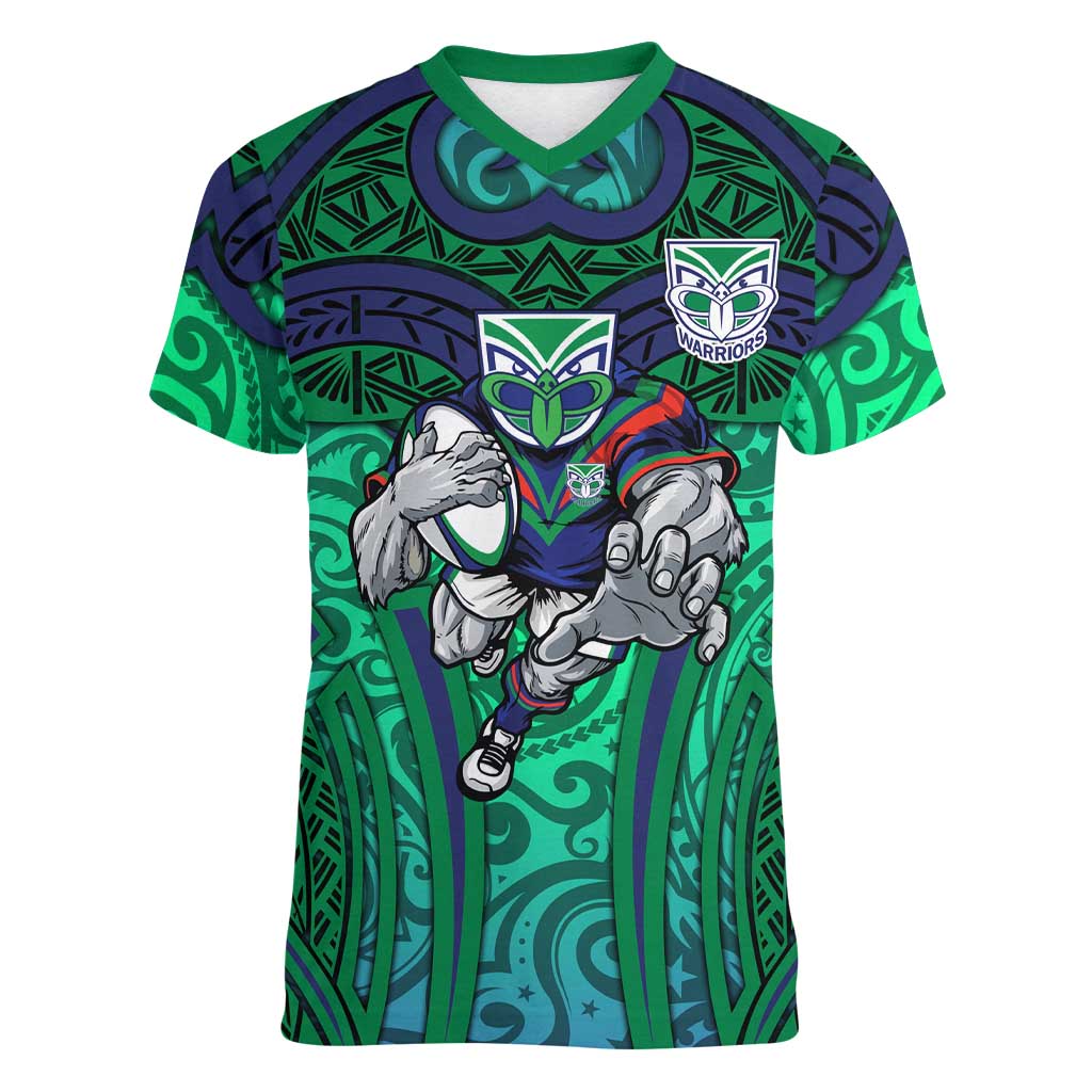 New Zealand Warriors Rugby Women V-Neck T-Shirt Polynesian Tribal Warrior Mask Green Blue Pattern