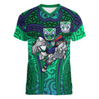 New Zealand Warriors Rugby Women V-Neck T-Shirt Polynesian Tribal Warrior Mask Green Blue Pattern