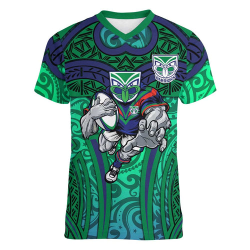 New Zealand Warriors Rugby Women V-Neck T-Shirt Polynesian Tribal Warrior Mask Green Blue Pattern