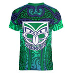 New Zealand Warriors Rugby Women V-Neck T-Shirt Polynesian Tribal Warrior Mask Green Blue Pattern