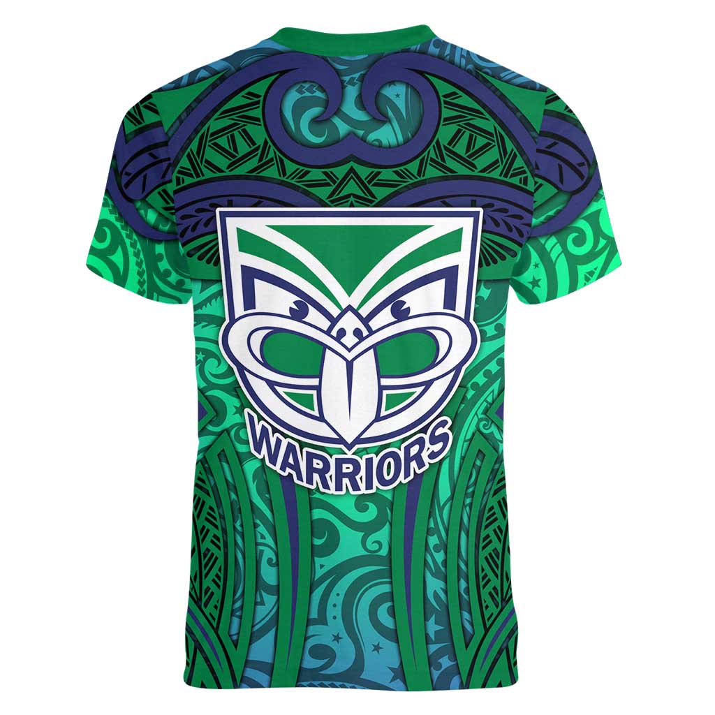 New Zealand Warriors Rugby Women V-Neck T-Shirt Polynesian Tribal Warrior Mask Green Blue Pattern