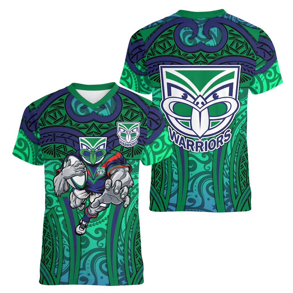 New Zealand Warriors Rugby Women V-Neck T-Shirt Polynesian Tribal Warrior Mask Green Blue Pattern