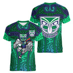 New Zealand Warriors Rugby Women V-Neck T-Shirt Polynesian Tribal Warrior Mask Green Blue Pattern