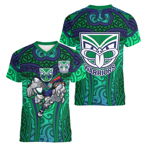 New Zealand Warriors Rugby Women V-Neck T-Shirt Polynesian Tribal Warrior Mask Green Blue Pattern