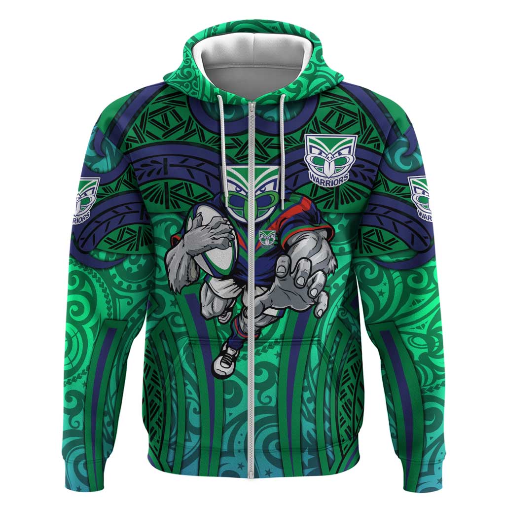 New Zealand Warriors Rugby Zip Hoodie Polynesian Tribal Warrior Mask Green Blue Pattern