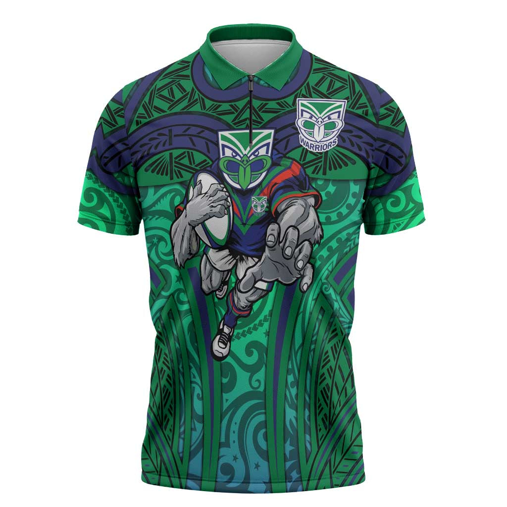 New Zealand Warriors Rugby Zipper Polo Shirt Polynesian Tribal Warrior Mask Green Blue Pattern
