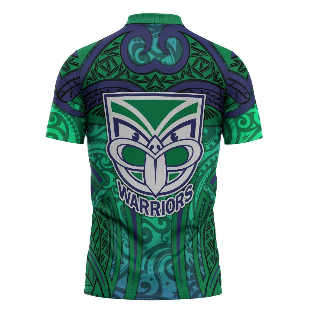 New Zealand Warriors Rugby Zipper Polo Shirt Polynesian Tribal Warrior Mask Green Blue Pattern