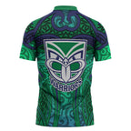 New Zealand Warriors Rugby Zipper Polo Shirt Polynesian Tribal Warrior Mask Green Blue Pattern