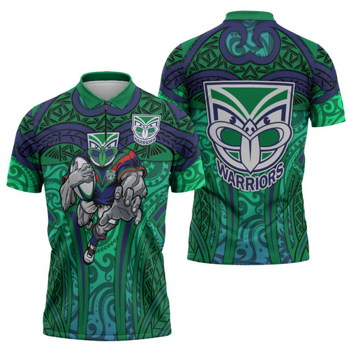 New Zealand Warriors Rugby Zipper Polo Shirt Polynesian Tribal Warrior Mask Green Blue Pattern