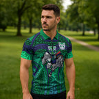 New Zealand Warriors Rugby Zipper Polo Shirt Polynesian Tribal Warrior Mask Green Blue Pattern