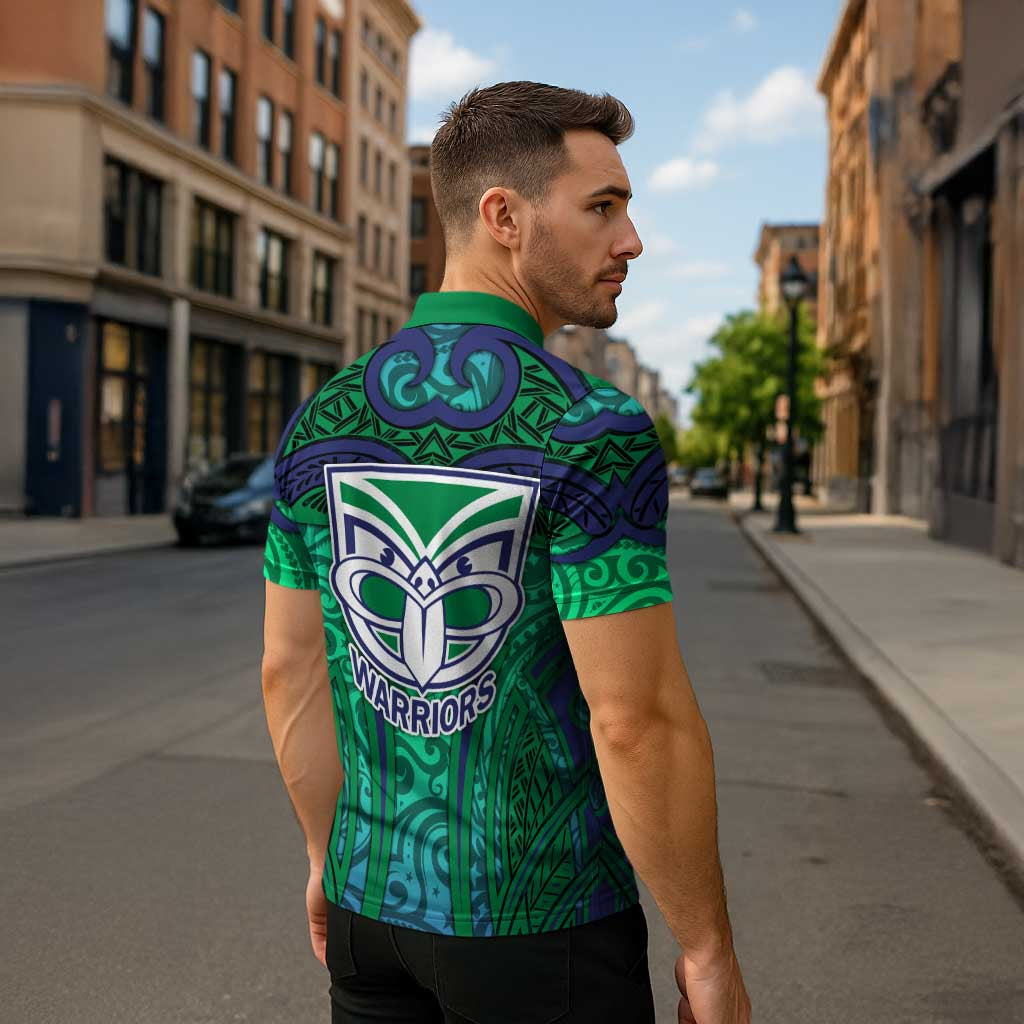 New Zealand Warriors Rugby Zipper Polo Shirt Polynesian Tribal Warrior Mask Green Blue Pattern