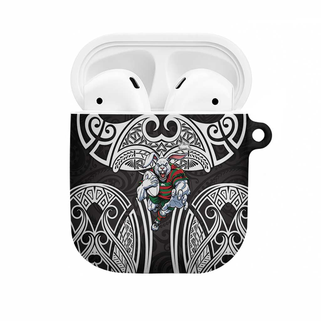 South Sydney Rabbitohs Rugby AirPods Case Polynesian Tribal Rabbit Warrior Black White Pattern