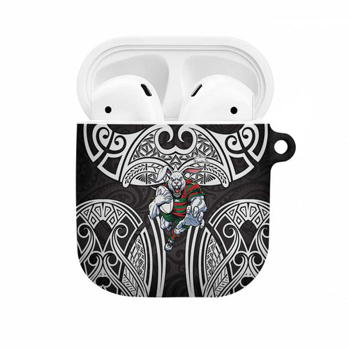 South Sydney Rabbitohs Rugby AirPods Case Polynesian Tribal Rabbit Warrior Black White Pattern