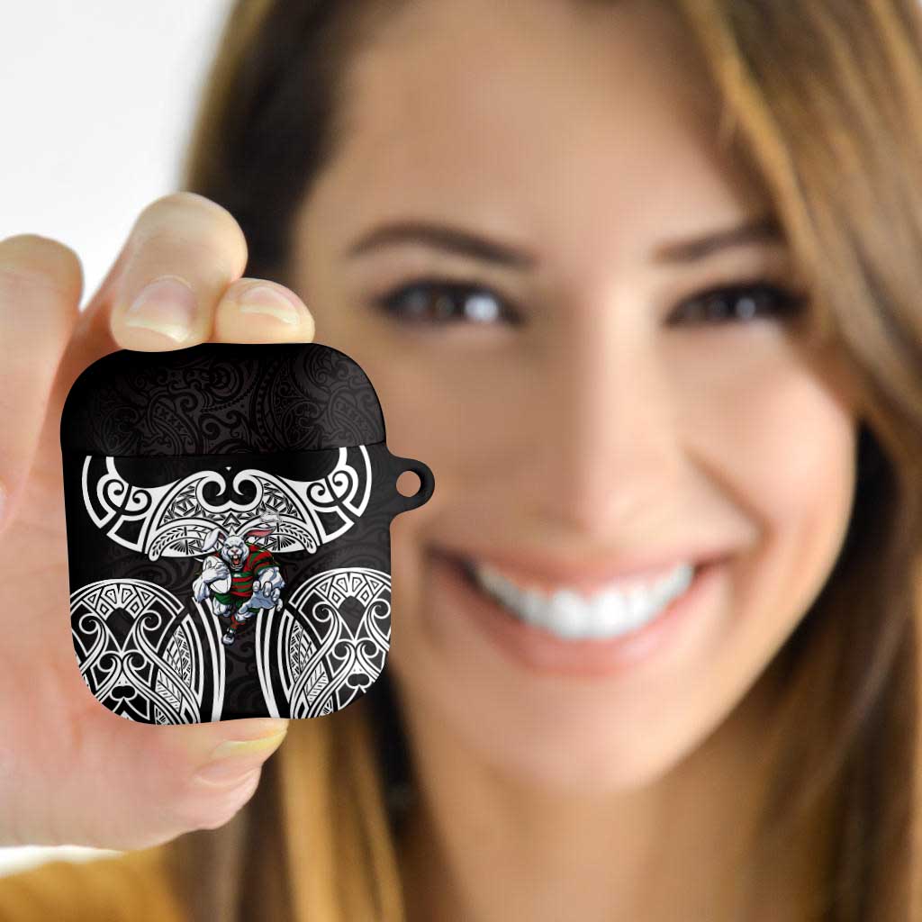 South Sydney Rabbitohs Rugby AirPods Case Polynesian Tribal Rabbit Warrior Black White Pattern