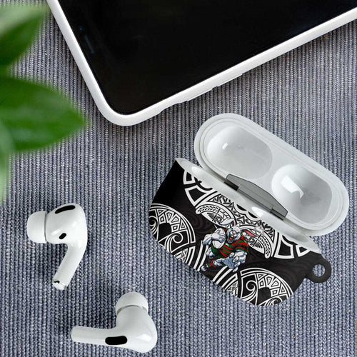 South Sydney Rabbitohs Rugby AirPods Case Polynesian Tribal Rabbit Warrior Black White Pattern