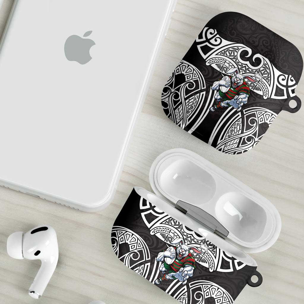 South Sydney Rabbitohs Rugby AirPods Case Polynesian Tribal Rabbit Warrior Black White Pattern