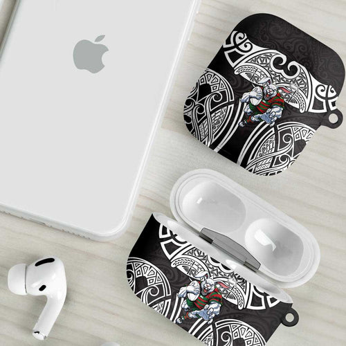 South Sydney Rabbitohs Rugby AirPods Case Polynesian Tribal Rabbit Warrior Black White Pattern