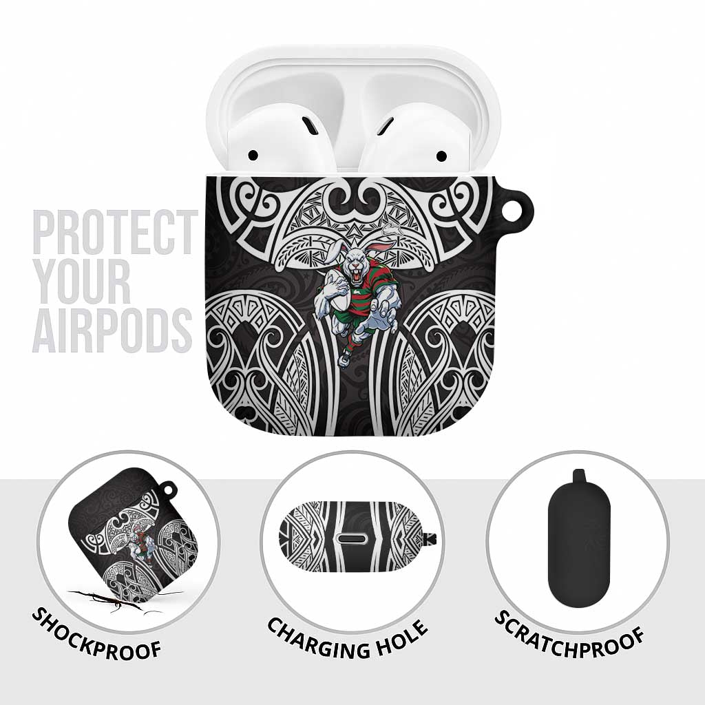 South Sydney Rabbitohs Rugby AirPods Case Polynesian Tribal Rabbit Warrior Black White Pattern