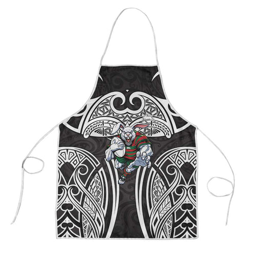 South Sydney Rabbitohs Rugby Apron Polynesian Tribal Rabbit Warrior Black White Pattern