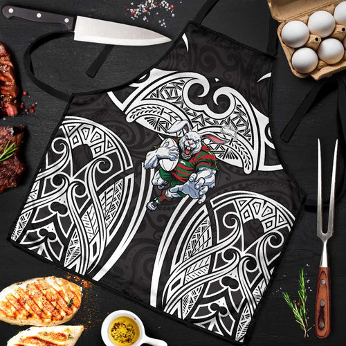 South Sydney Rabbitohs Rugby Apron Polynesian Tribal Rabbit Warrior Black White Pattern
