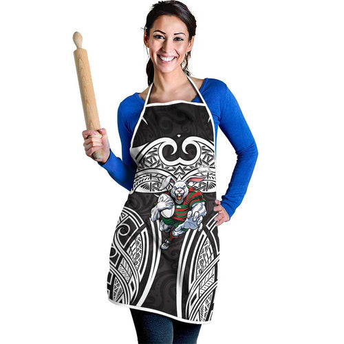 South Sydney Rabbitohs Rugby Apron Polynesian Tribal Rabbit Warrior Black White Pattern