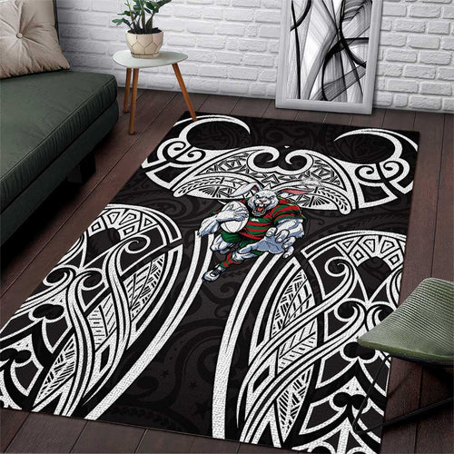 South Sydney Rabbitohs Rugby Area Rug Polynesian Tribal Rabbit Warrior Black White Pattern