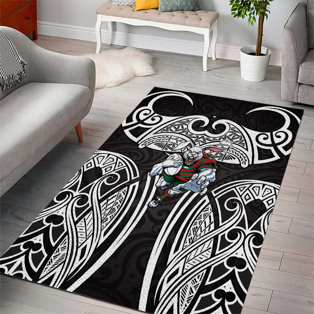 South Sydney Rabbitohs Rugby Area Rug Polynesian Tribal Rabbit Warrior Black White Pattern