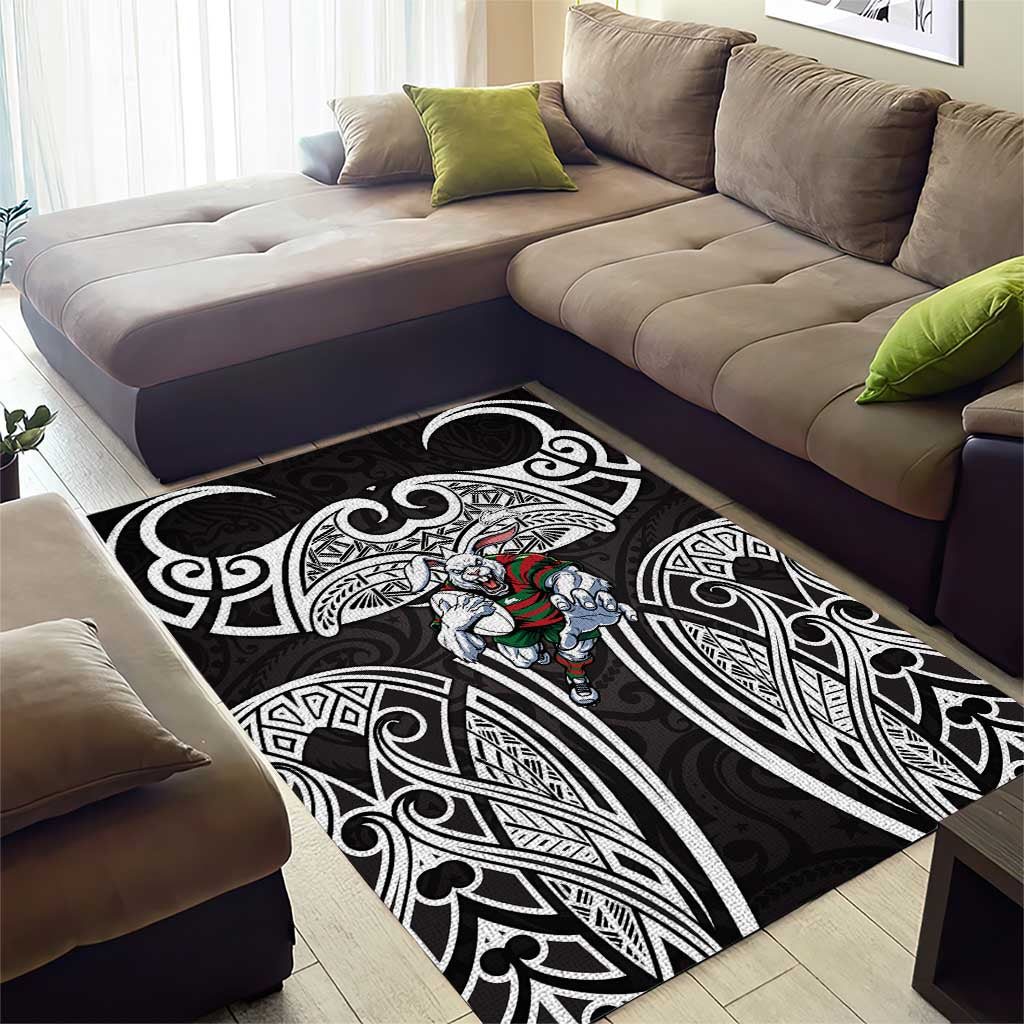 South Sydney Rabbitohs Rugby Area Rug Polynesian Tribal Rabbit Warrior Black White Pattern