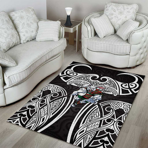 South Sydney Rabbitohs Rugby Area Rug Polynesian Tribal Rabbit Warrior Black White Pattern