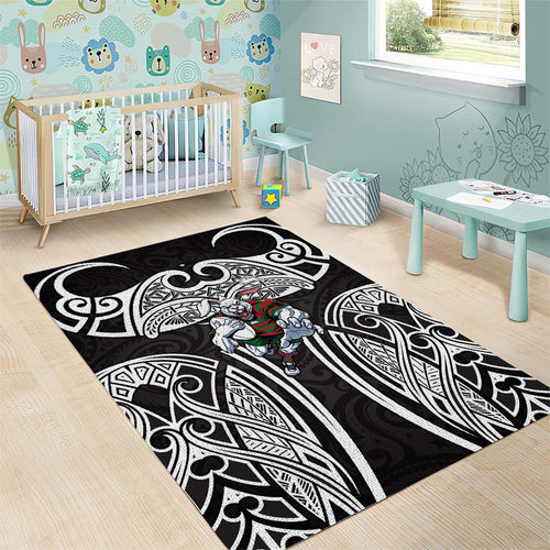 South Sydney Rabbitohs Rugby Area Rug Polynesian Tribal Rabbit Warrior Black White Pattern