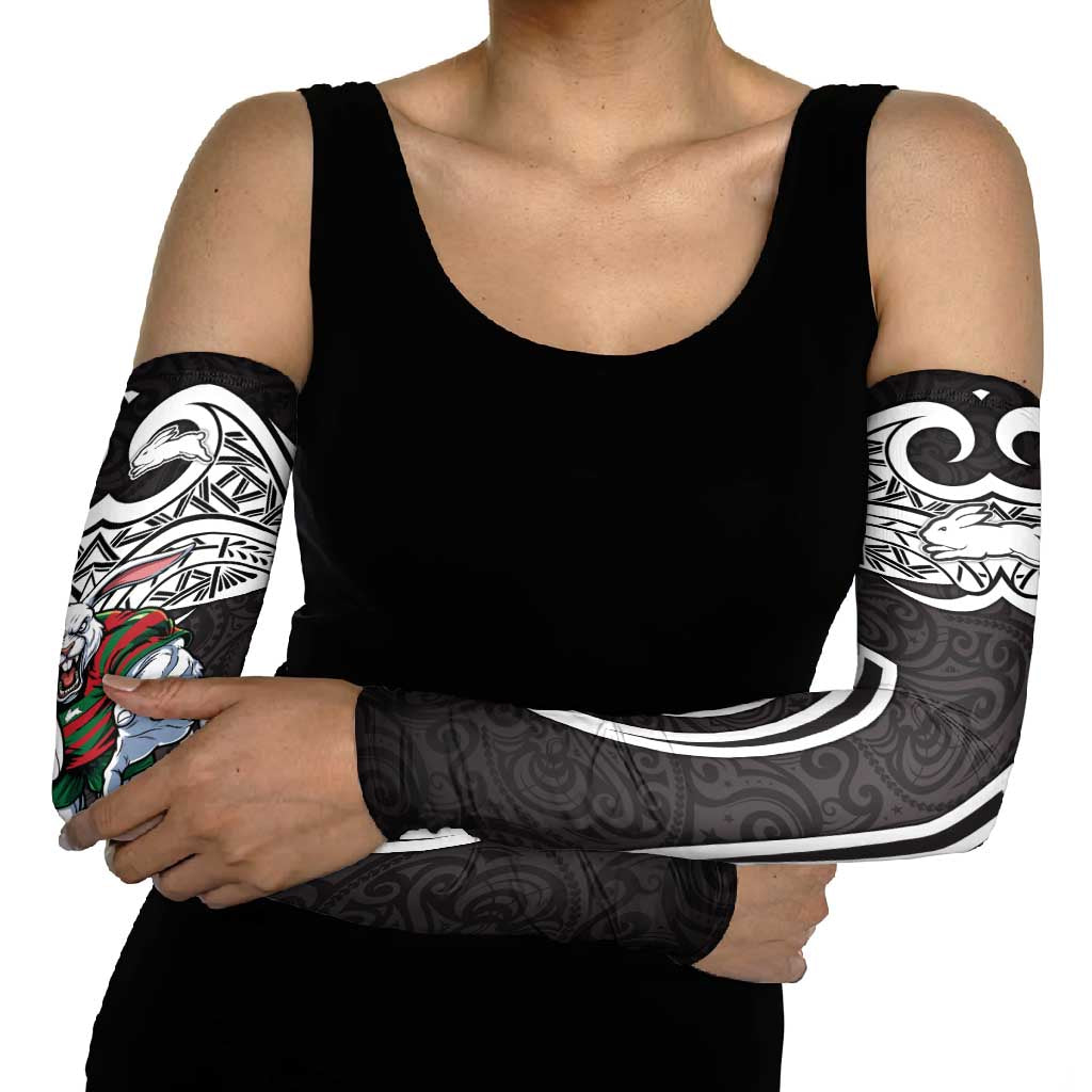 South Sydney Rabbitohs Rugby Arm Sleeves Polynesian Tribal Rabbit Warrior Black White Pattern