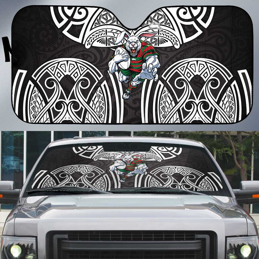 South Sydney Rabbitohs Rugby Auto Sun Shade Polynesian Tribal Rabbit Warrior Black White Pattern