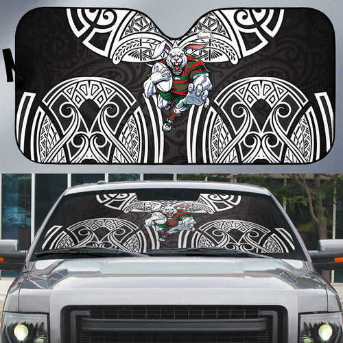 South Sydney Rabbitohs Rugby Auto Sun Shade Polynesian Tribal Rabbit Warrior Black White Pattern