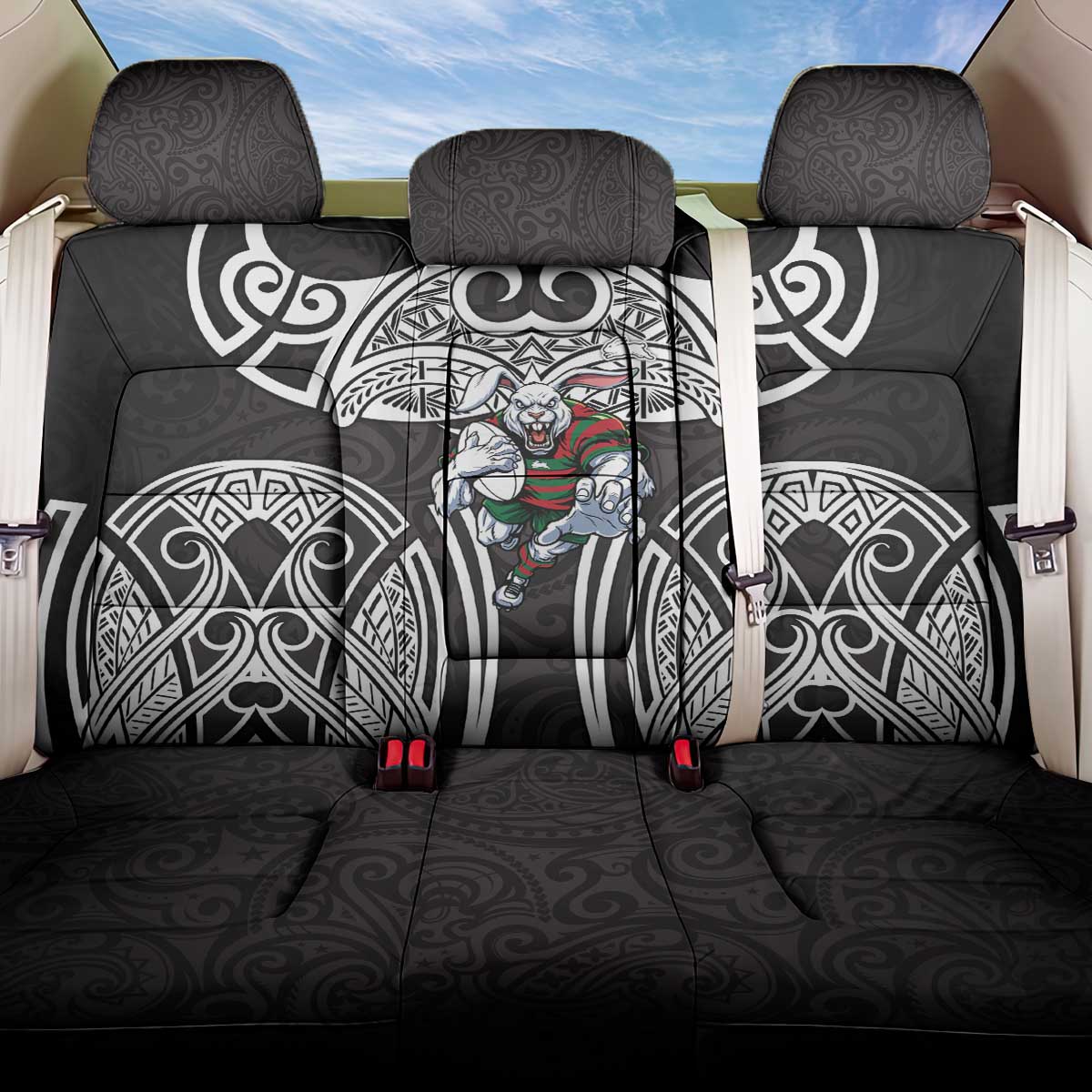 South Sydney Rabbitohs Rugby Back Car Seat Cover Polynesian Tribal Rabbit Warrior Black White Pattern