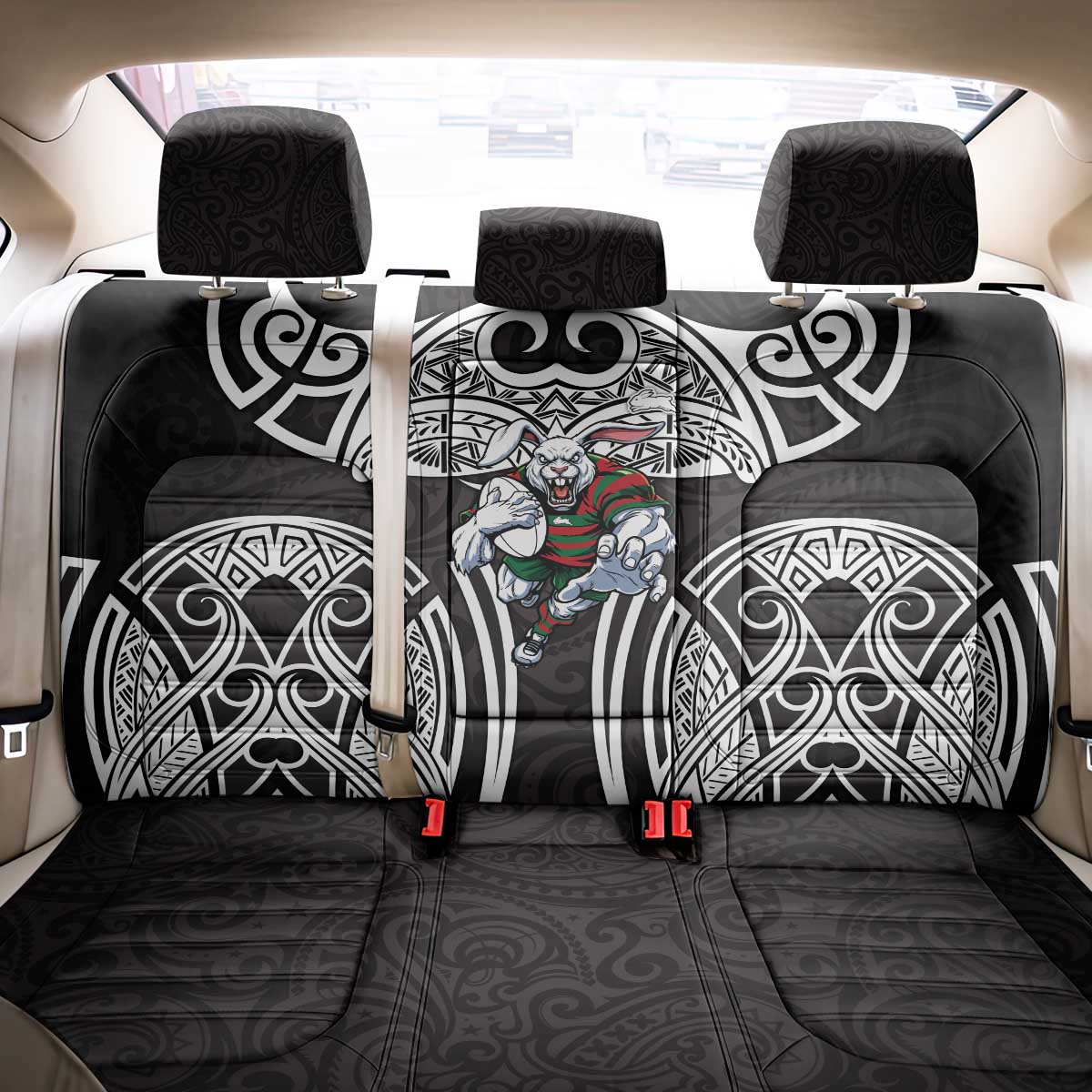 South Sydney Rabbitohs Rugby Back Car Seat Cover Polynesian Tribal Rabbit Warrior Black White Pattern
