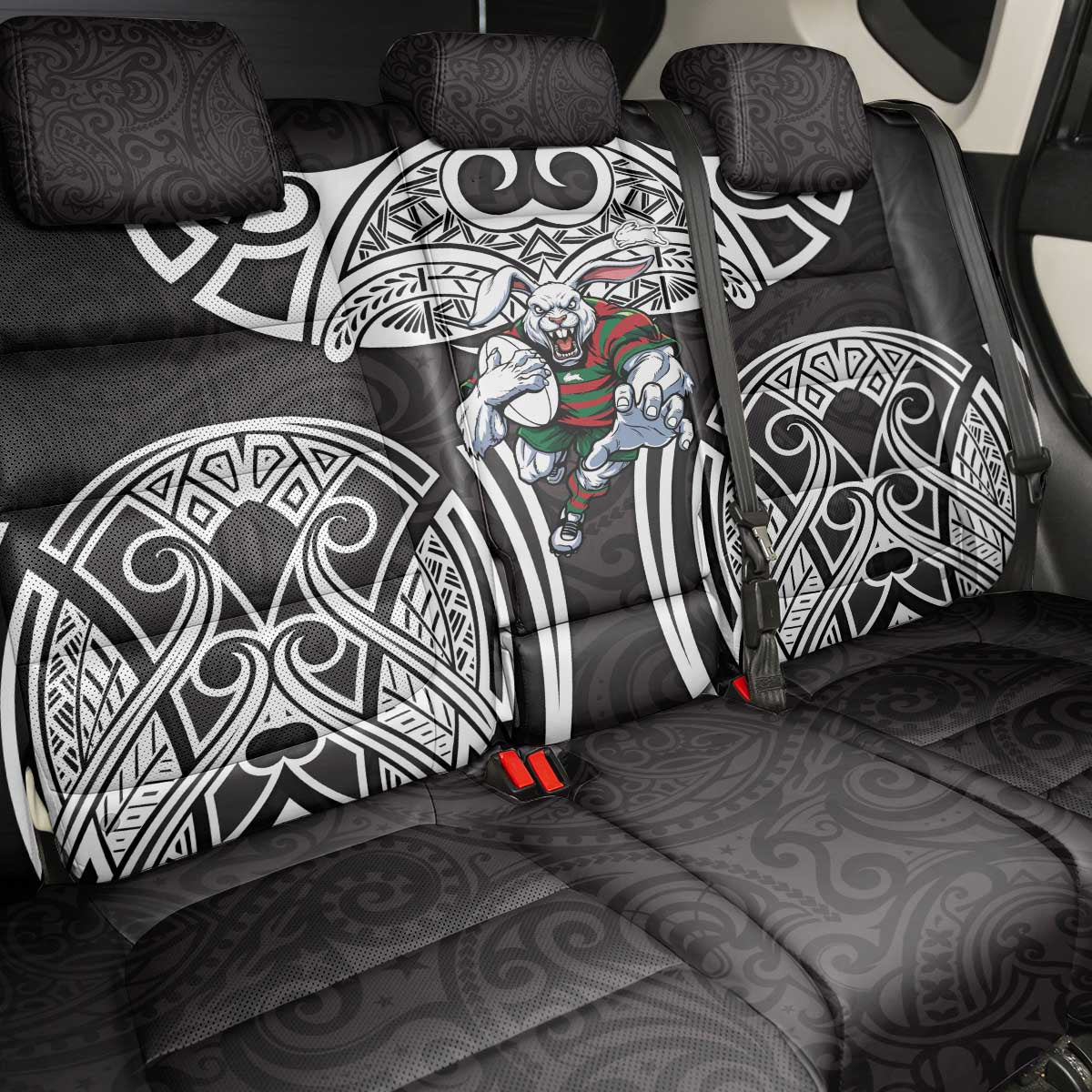 South Sydney Rabbitohs Rugby Back Car Seat Cover Polynesian Tribal Rabbit Warrior Black White Pattern