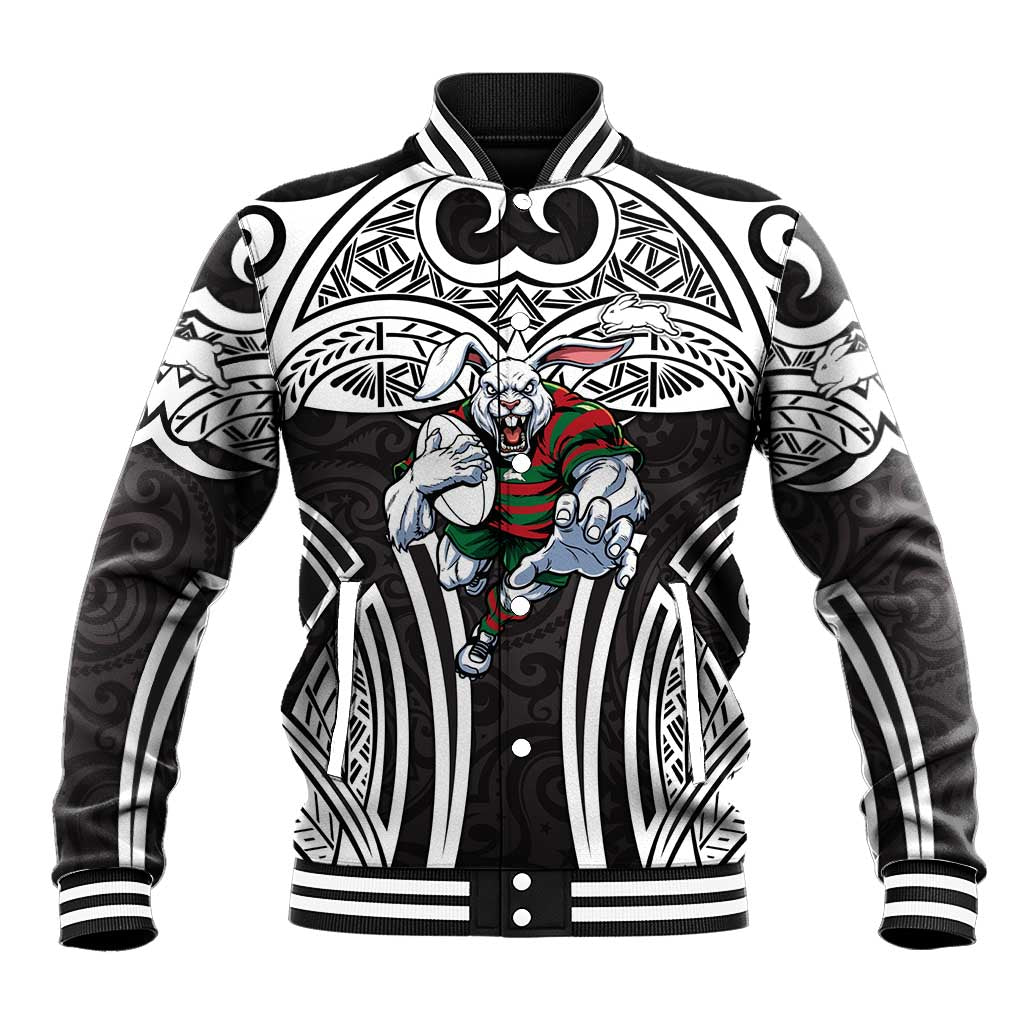 South Sydney Rabbitohs Rugby Baseball Jacket Polynesian Tribal Rabbit Warrior Black White Pattern