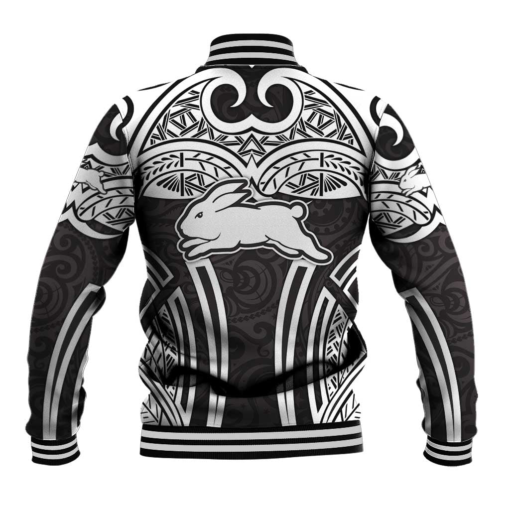 South Sydney Rabbitohs Rugby Baseball Jacket Polynesian Tribal Rabbit Warrior Black White Pattern
