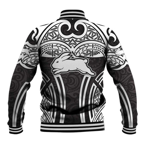 South Sydney Rabbitohs Rugby Baseball Jacket Polynesian Tribal Rabbit Warrior Black White Pattern