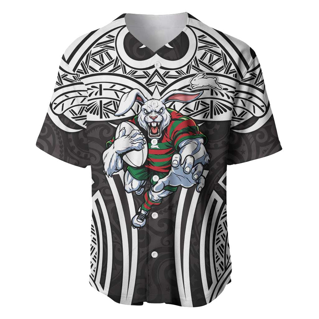 South Sydney Rabbitohs Rugby Baseball Jersey Polynesian Tribal Rabbit Warrior Black White Pattern
