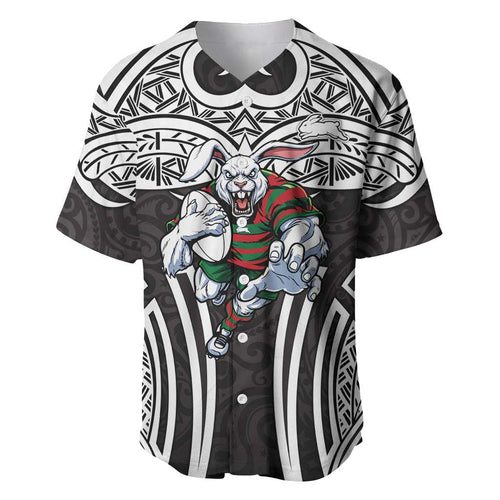 South Sydney Rabbitohs Rugby Baseball Jersey Polynesian Tribal Rabbit Warrior Black White Pattern