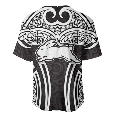 South Sydney Rabbitohs Rugby Baseball Jersey Polynesian Tribal Rabbit Warrior Black White Pattern