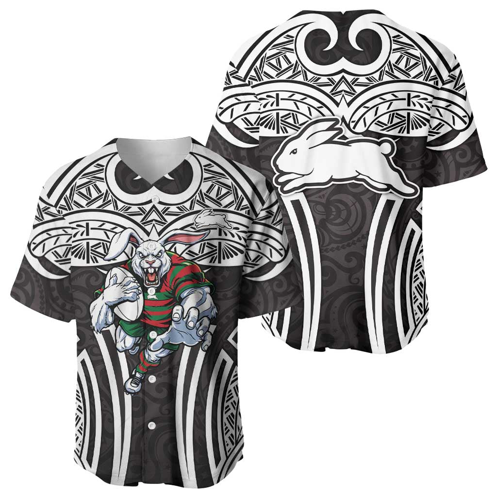 South Sydney Rabbitohs Rugby Baseball Jersey Polynesian Tribal Rabbit Warrior Black White Pattern