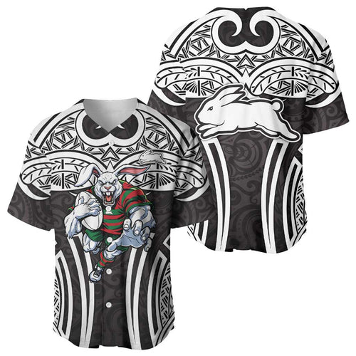 South Sydney Rabbitohs Rugby Baseball Jersey Polynesian Tribal Rabbit Warrior Black White Pattern