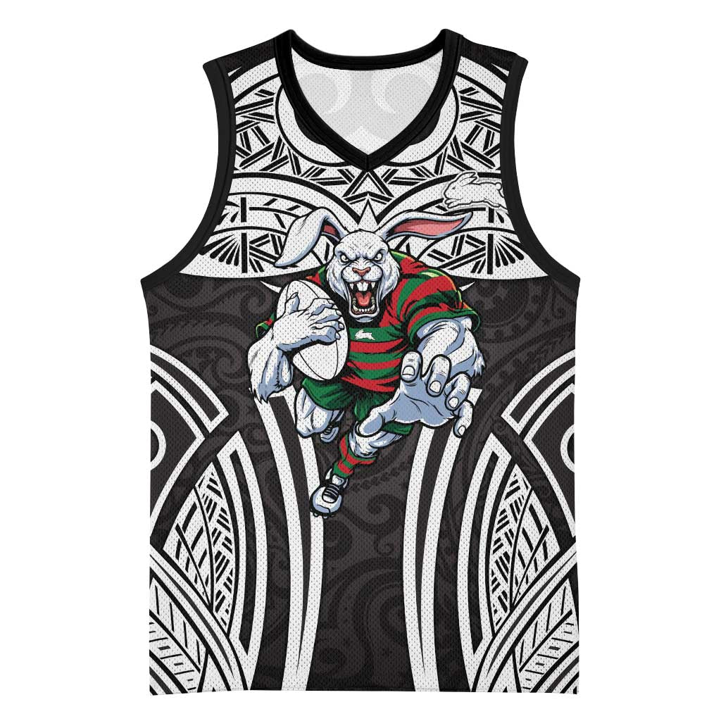 South Sydney Rabbitohs Rugby Basketball Jersey Polynesian Tribal Rabbit Warrior Black White Pattern