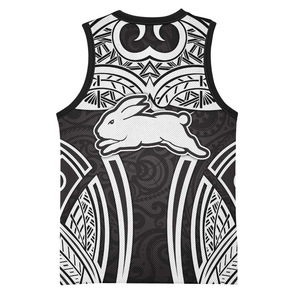 South Sydney Rabbitohs Rugby Basketball Jersey Polynesian Tribal Rabbit Warrior Black White Pattern