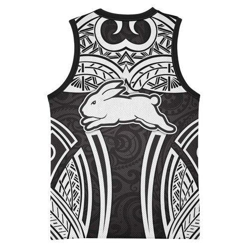 South Sydney Rabbitohs Rugby Basketball Jersey Polynesian Tribal Rabbit Warrior Black White Pattern