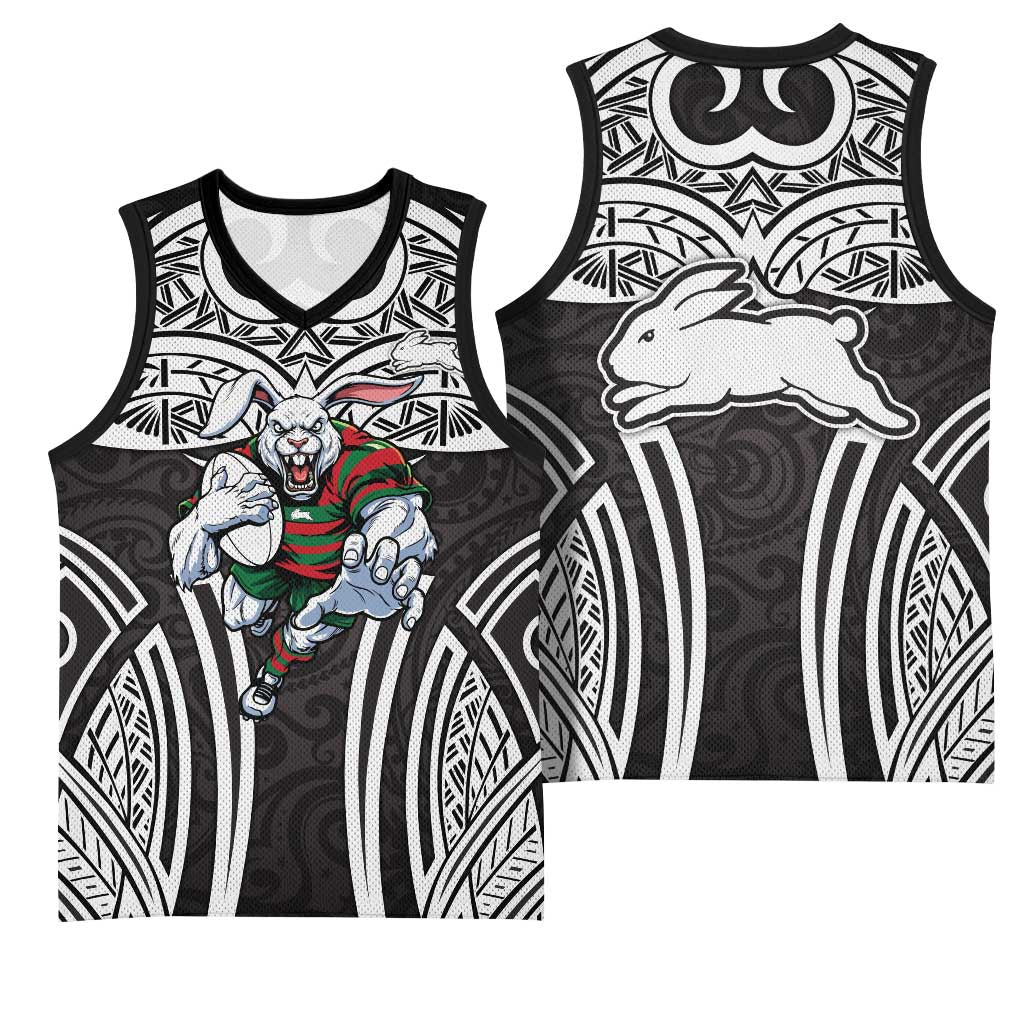 South Sydney Rabbitohs Rugby Basketball Jersey Polynesian Tribal Rabbit Warrior Black White Pattern