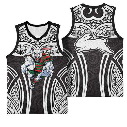 South Sydney Rabbitohs Rugby Basketball Jersey Polynesian Tribal Rabbit Warrior Black White Pattern